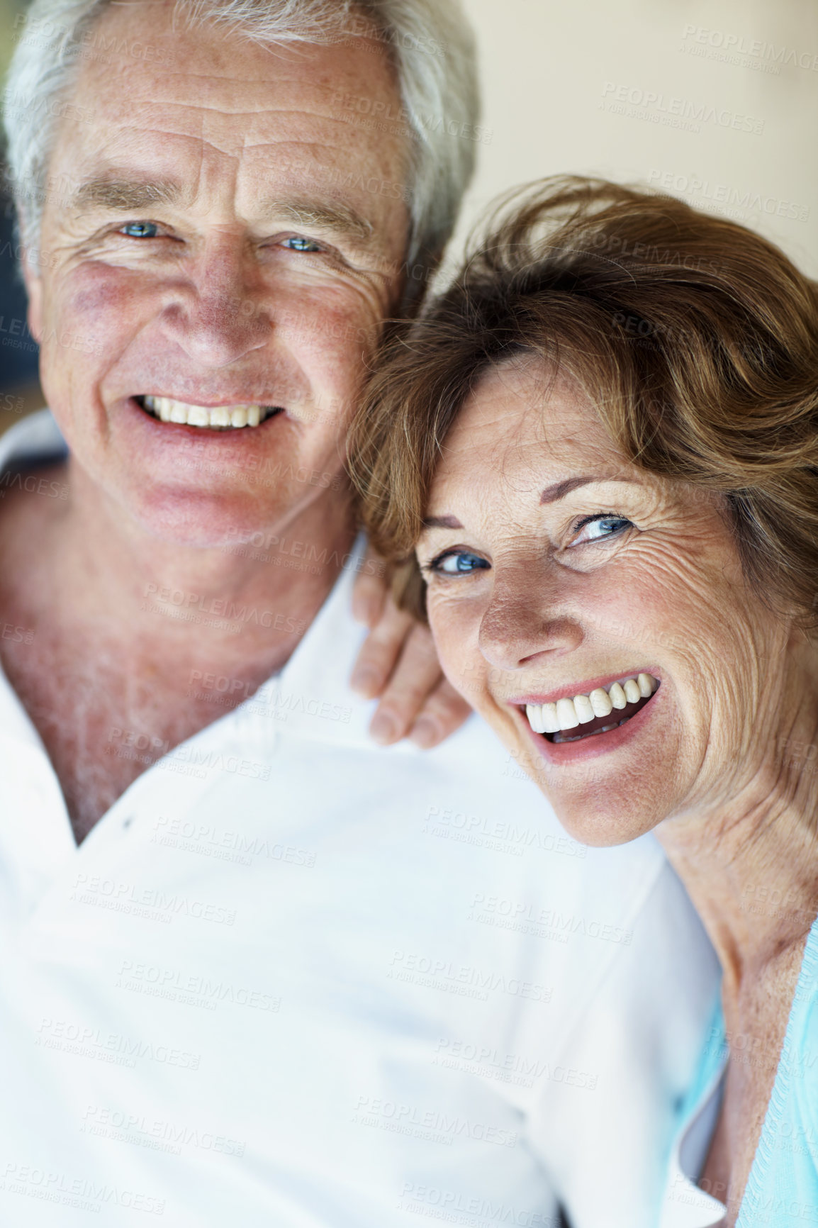 Buy stock photo Love, portrait or old couple in home with optimism, healthy relationship or bonding on weekend break. Caring, relax or elderly people with support, happy connection or romantic moment in retirement.