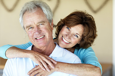 Buy stock photo Embrace, portrait and senior couple in home for bonding, commitment and loyalty for marriage. Retirement, happy and man with woman hug for affection, love and connection for relationship support