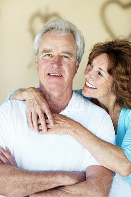 Buy stock photo Couple, hug and portrait of man in home for bonding, commitment and loyalty for marriage. Retirement, partnership and senior people embrace for affection, love and connection for happy relationship