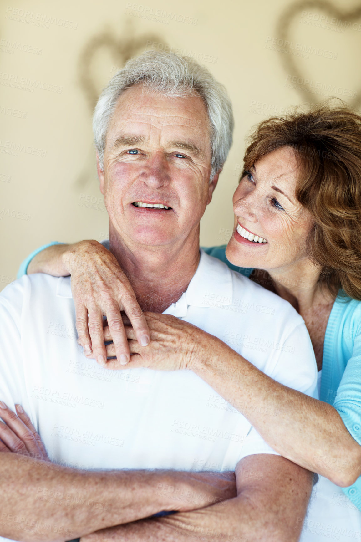 Buy stock photo Couple, hug and portrait of man in home for bonding, commitment and loyalty for marriage. Retirement, partnership and senior people embrace for affection, love and connection for happy relationship