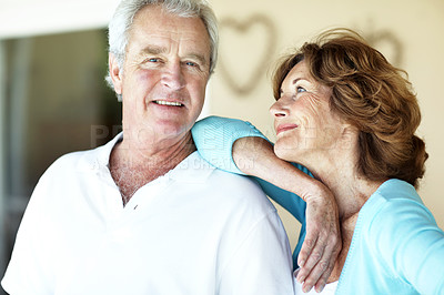 Buy stock photo Love, smile or old couple in house with support, healthy relationship or bonding on weekend break. Security, trust or elderly people with portrait, happy connection or romantic moment in retirement.