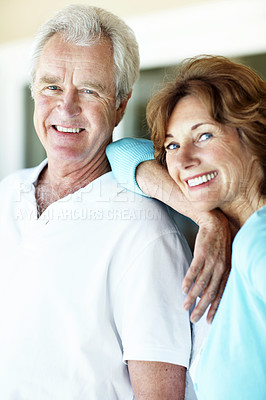 Buy stock photo Love, portrait or old couple in home with support, healthy relationship or bonding on weekend break. Security, trust or elderly people with smile, happy connection or romantic moment in retirement.