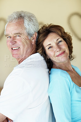 Buy stock photo Love, portrait or old couple in lounge with support, healthy relationship or bonding on weekend break. Trust, relax or elderly people in house with smile, connection or romantic moment in retirement.