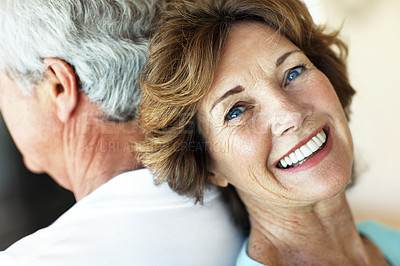 Buy stock photo Senior, happy woman and couple with smile at house, support and trust with love and marriage. Rest, together and old female person with partner, portrait and care in retirement and relationship