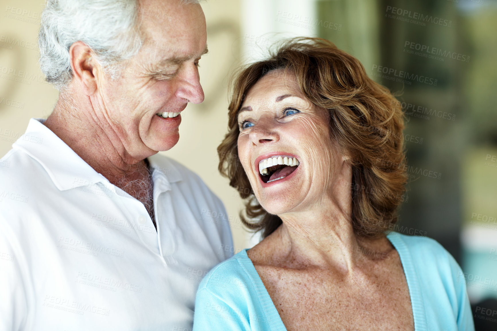 Buy stock photo Love, happy or old couple in house with laugh, healthy relationship or bonding on weekend break. Connection, humor or elderly people with optimism, joke reaction or romantic moment in retirement.