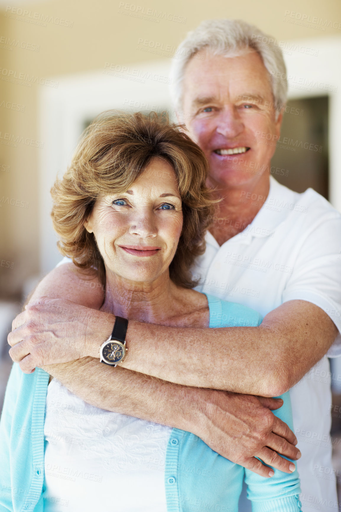 Buy stock photo Happy, home and portrait of old couple embrace for bonding, commitment and loyalty for marriage. Retirement, partnership and man with woman hug for affection, love and connection for relationship