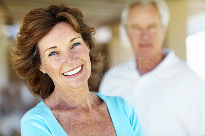 Buy stock photo Couple, happy and portrait of senior woman in home for marriage, relationship and partnership. House, retirement and people with smile for connection, support and love for bonding, trust and loyalty