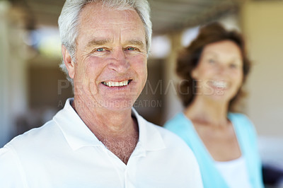 Buy stock photo Wellness, smile and old man in home with portrait, positive attitude and optimism on weekend break. Wellbeing, happy and elderly couple with good mood, confidence and satisfaction in retirement.