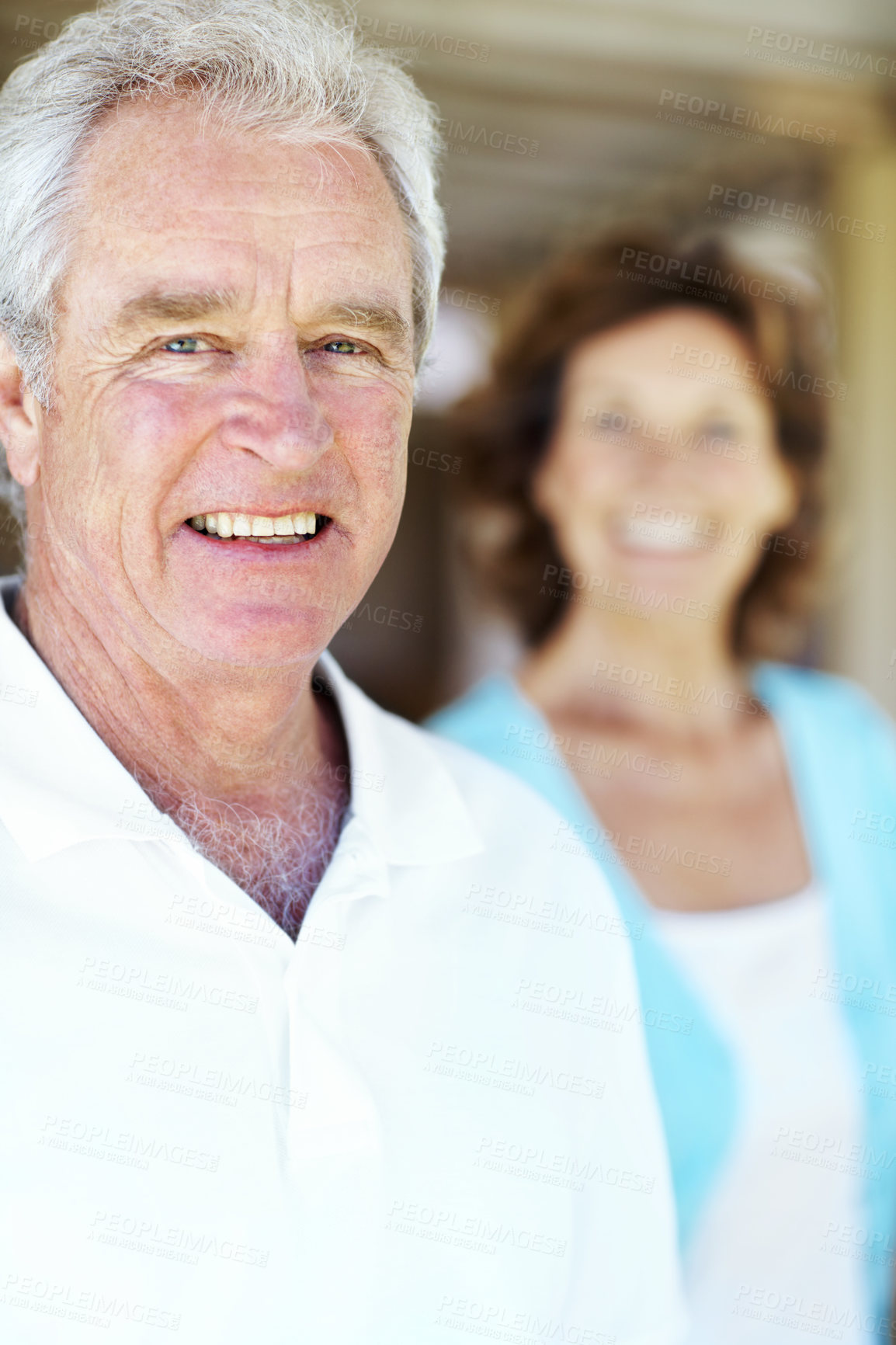 Buy stock photo Wellness, smile and old man in house with portrait, positive attitude and optimism on weekend break. Wellbeing, happy and elderly couple with good mood, confidence and satisfaction in retirement.