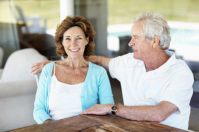 Buy stock photo Thinking, relax and old couple with love on patio, peace and calm morning in backyard. Portrait, senior people or embrace in home with reflection, partner affection and bonding together on retirement