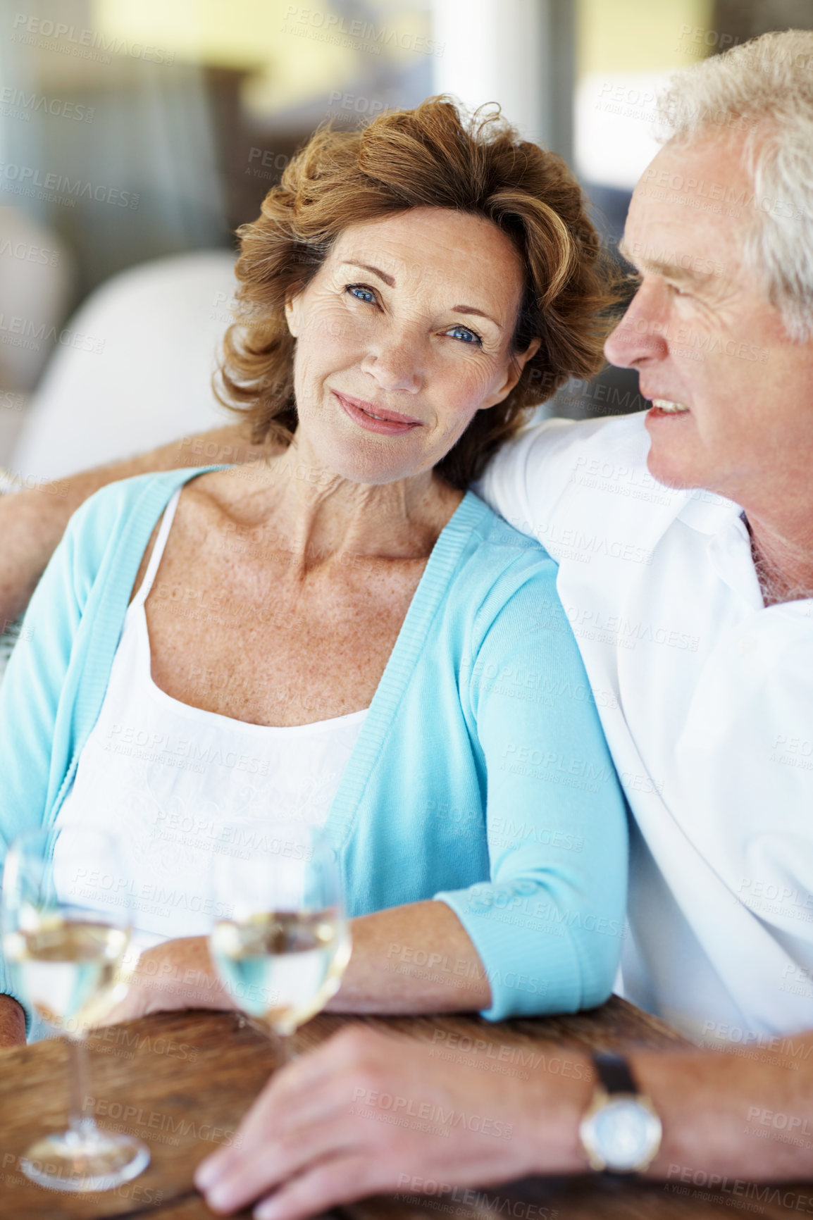 Buy stock photo Wine, relax and portrait of senior couple in backyard by home for bonding, love and anniversary date. Happy, alcohol drink and elderly man with woman for connection, commitment and care in marriage.