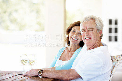 Buy stock photo Wine, happy and portrait of senior couple in backyard by home for bonding, love and anniversary date. Space, alcohol drink and elderly man with woman for connection, commitment and care in marriage.