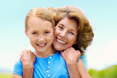 Buy stock photo Grandmother, child and hug in portrait outdoor for bonding together, weekend visit and support. Love, senior woman and grandchild with embrace in nature for connection, healthy relationship and happy