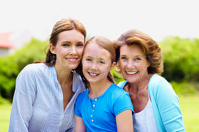 Buy stock photo Grandmother, mama and child with love at backyard, relax and bonding together for connection. Generations, daughter and mom with grandparent, girl and care with portrait of happy family at garden