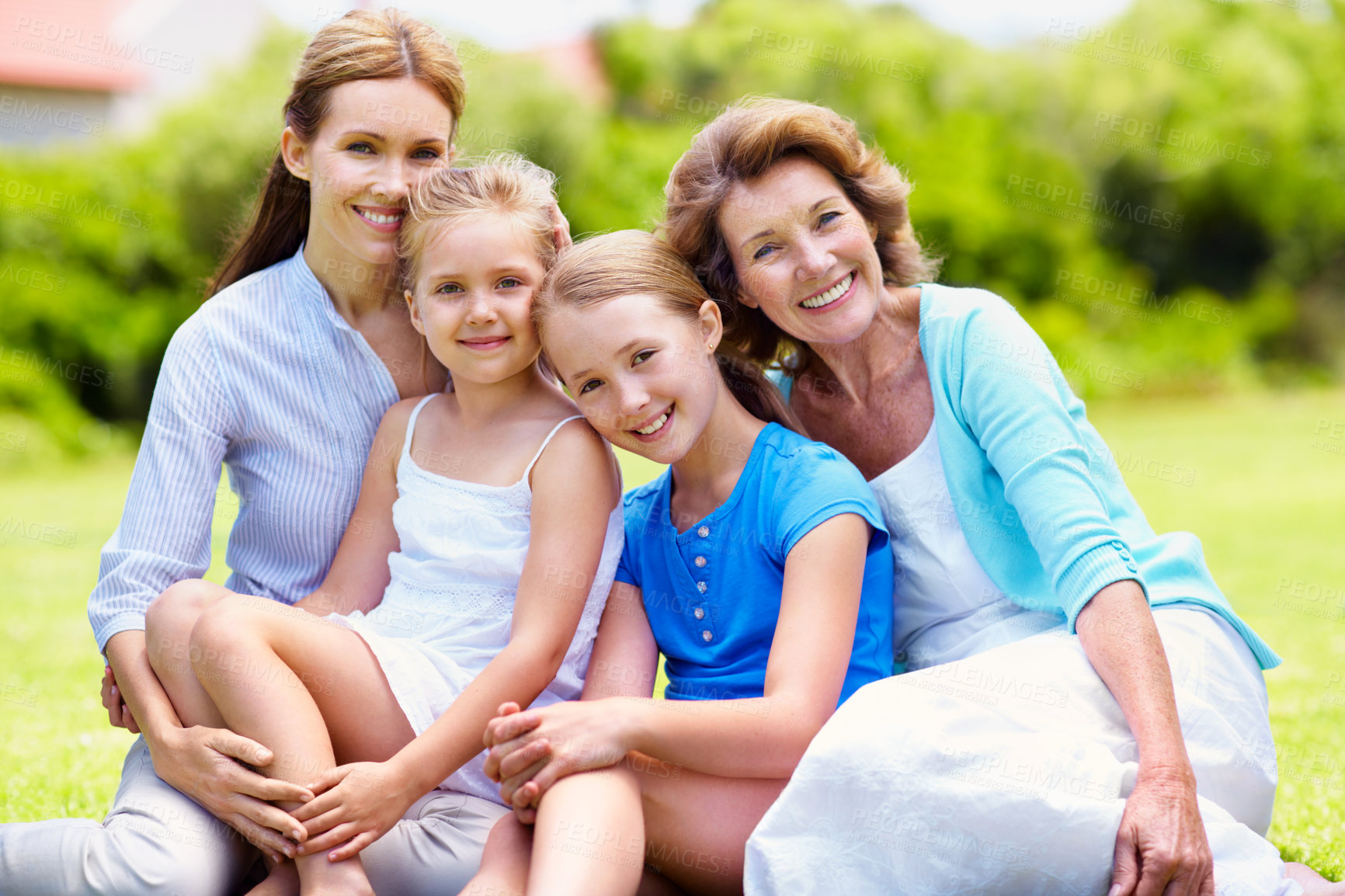 Buy stock photo Smile, family and children relax on lawn for weekend break, healthy relationship or connection. Portrait, happy mother or grandma with kids outdoor for summer holiday, bonding together or generations