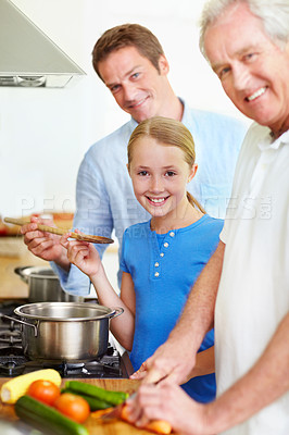 Buy stock photo Cooking, dad and portrait of child and grandfather in kitchen for learning, lunch and food. Love, vegetables and teaching with men and daughter in family home for wellness, taste and support together