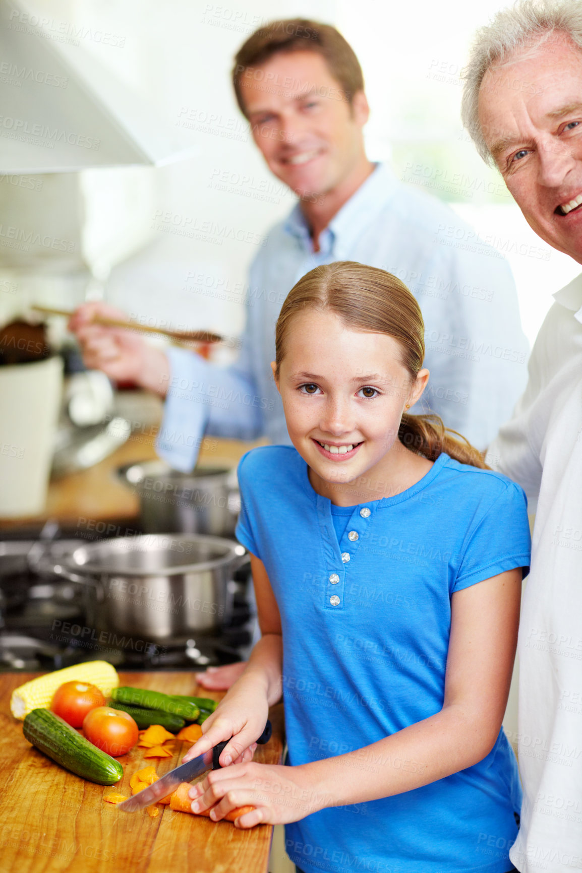 Buy stock photo Cooking, happy and portrait of child and grandfather in kitchen for learning, cutting and food. Love, vegetables and teaching with men and granddaughter in family home for wellness and support