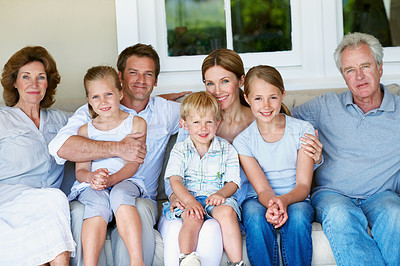 Buy stock photo Big family, portrait and bonding with children, home and happy people with senior parents on weekend. Grandparents, together and connection with kids on break, men and women with smile in Germany