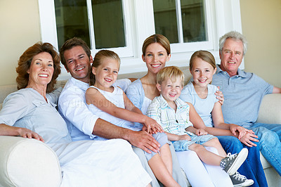 Buy stock photo Big family, portrait and happy people with children, home and bonding with senior parents on weekend. Grandparents, together and connection with kids on break, men and women with smile in Germany