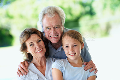 Buy stock photo Love, grandparents or child in park with portrait, trust or bonding together on weekend break. Smile, space or family outdoor with security, healthy relationship or connection with happy moment.