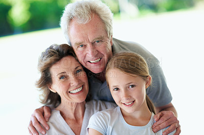 Buy stock photo Love, grandparents or child outdoor with portrait, safety or bonding together on weekend break. Smile, care or family in park with security, healthy relationship or connection with happy moment.