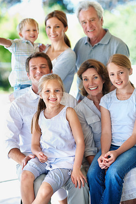 Buy stock photo Portrait, big family and happy generations outdoor for bonding, love and care on patio. Grandparents, parents and children with people on porch, smile and relax together for trust and memory