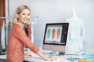 Buy stock photo Portrait of a beautiful young fashion designer working on her computer