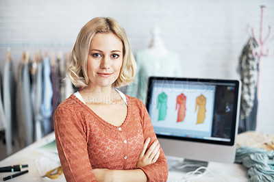 Buy stock photo Portrait of a beautiful young fashion designer standing with arms crossed at work