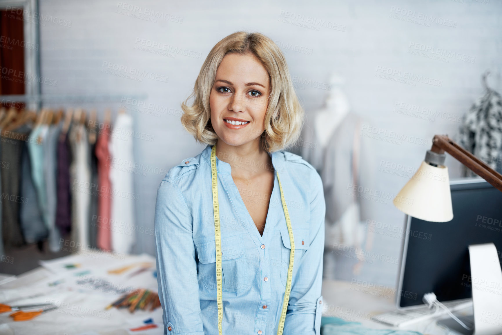 Buy stock photo Woman, portrait and designer with smile, clothing manufacturing and confidence. Artisan, seamstress and dressmaker with textile workshop, tailor and production for creative sewing in small business