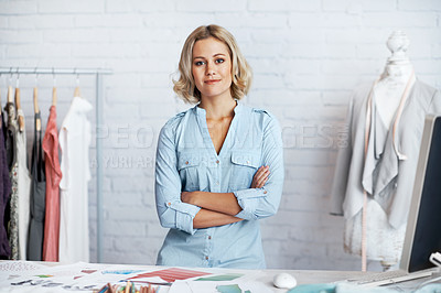 Buy stock photo A gorgeous young designer standing proudly behind her desk