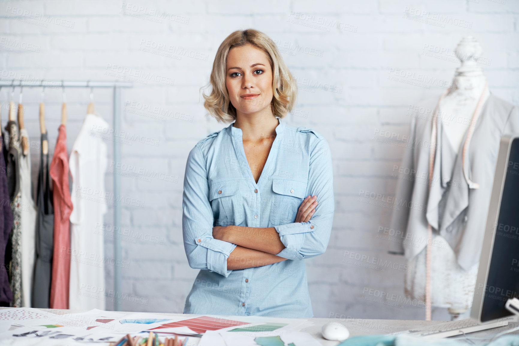 Buy stock photo Confident, portrait and woman in boutique for fashion designer, style and tailor shop. Happy, workshop and person with crossed arms for small business, textile industry or clothing brand with designs