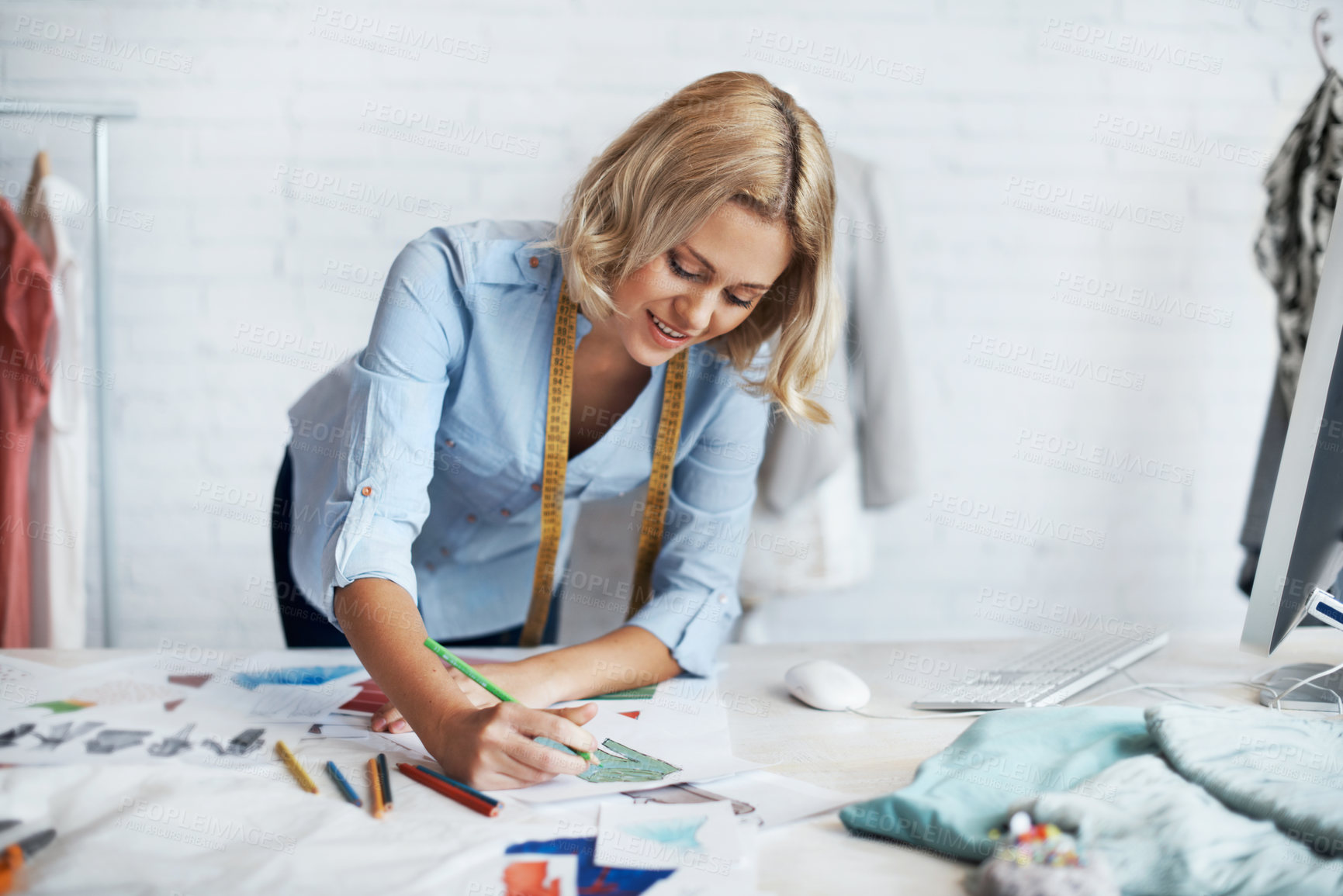 Buy stock photo Designer, woman and creative sketch in workshop for custom garment, fashion line or planning. Small business, happy dressmaker and drawing template for design process, style inspiration or brainstorm