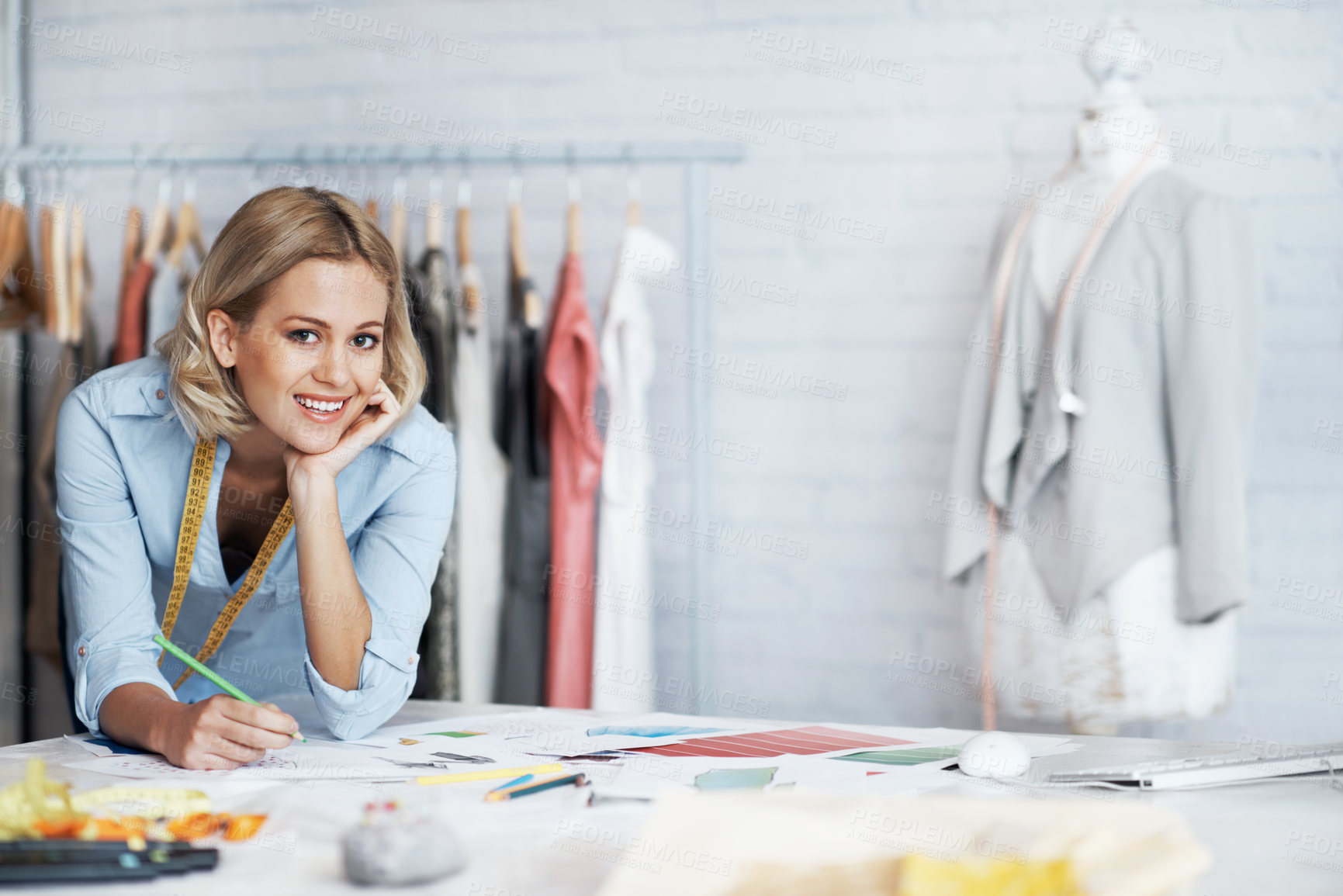 Buy stock photo Space, portrait and woman in boutique for fashion designer career, style and tailor shop. Happy, workshop and person with pride for small business, textile industry and clothing brand with material