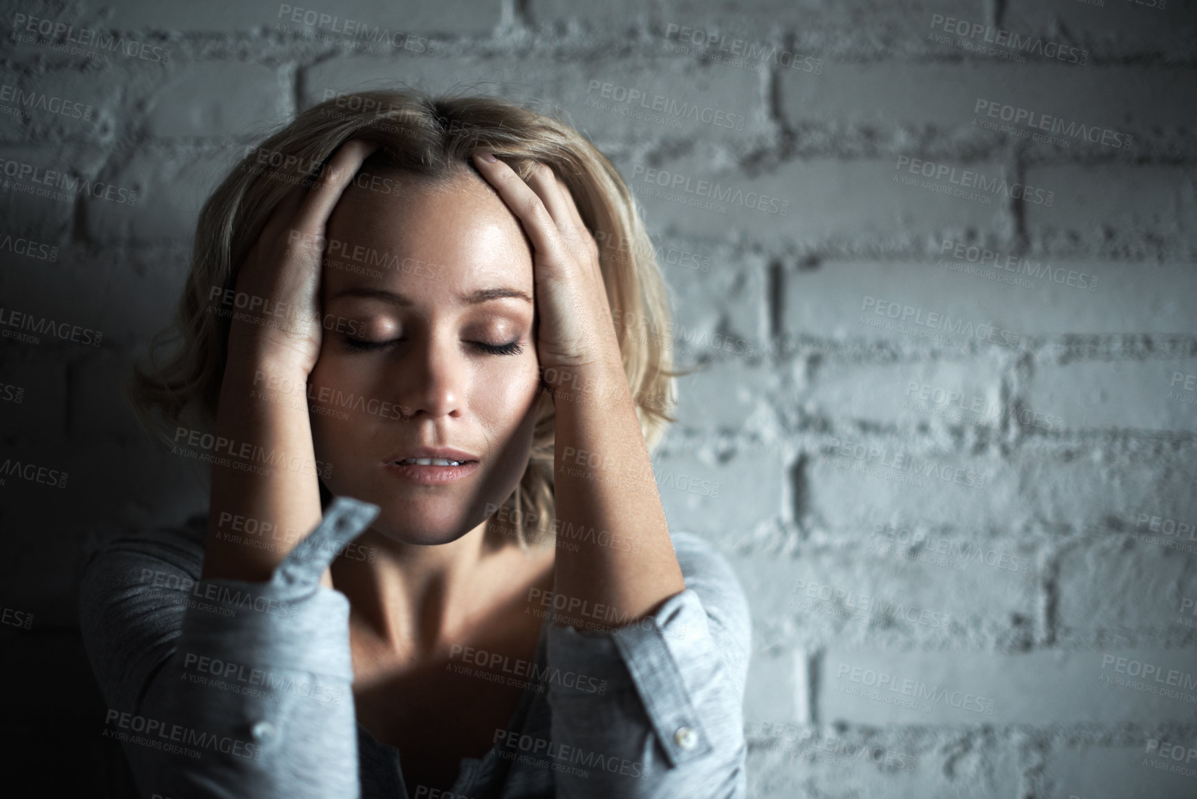 Buy stock photo Sad, space and woman in home with worry, emotional crisis and thinking of regret with stress. Mental health, wall and person with depression for mistake, anxiety and lonely for trauma and grief
