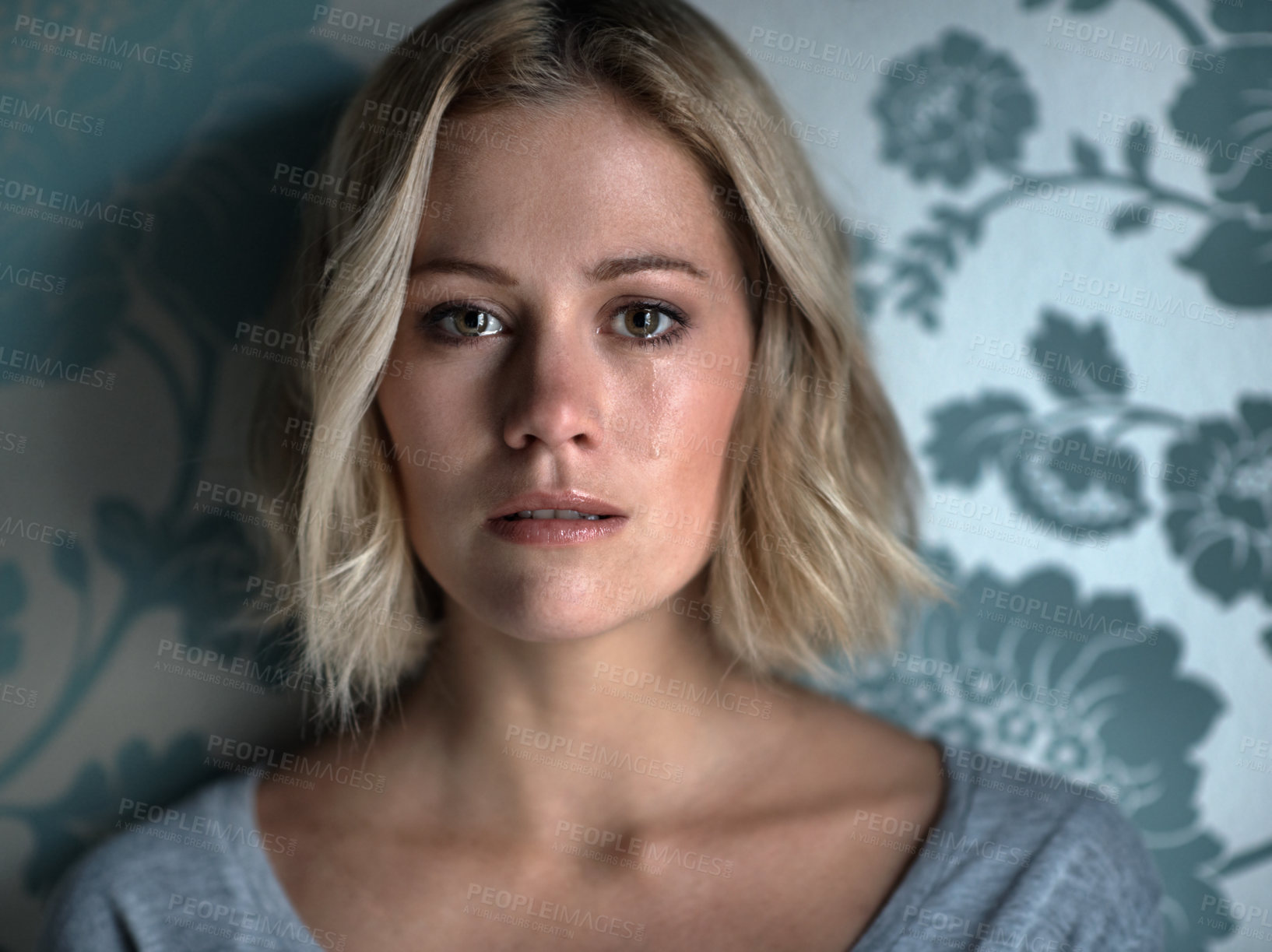 Buy stock photo Crying, sad and portrait of woman with depression for loneliness, bad news and emotional crisis. Home, upset and person with tears for anxiety, fear and worry for past trauma, ptsd and broken heart