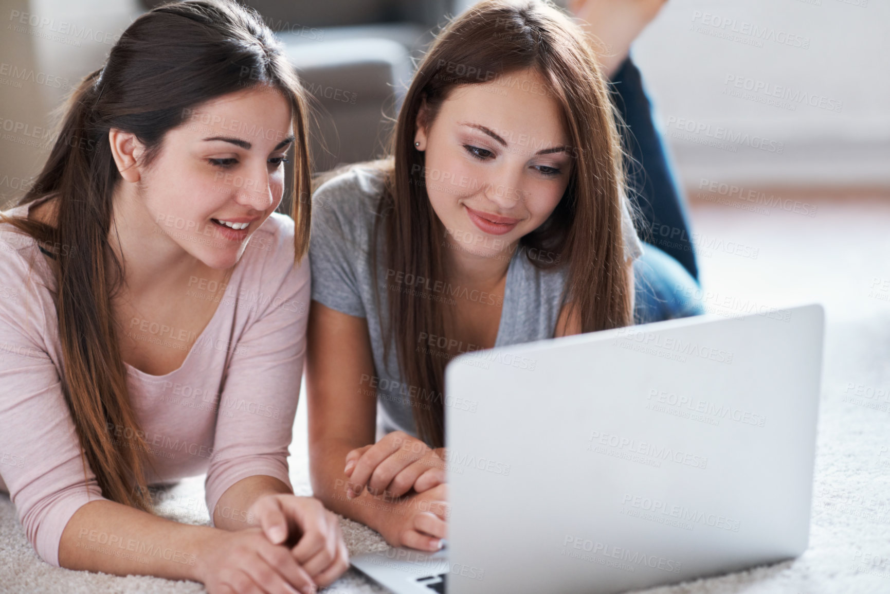Buy stock photo Friends, smile or girls in house with laptop, watching movie or connection in online entertainment. Happy, digital or teenagers with tech, bonding together or series streaming on multimedia platform.
