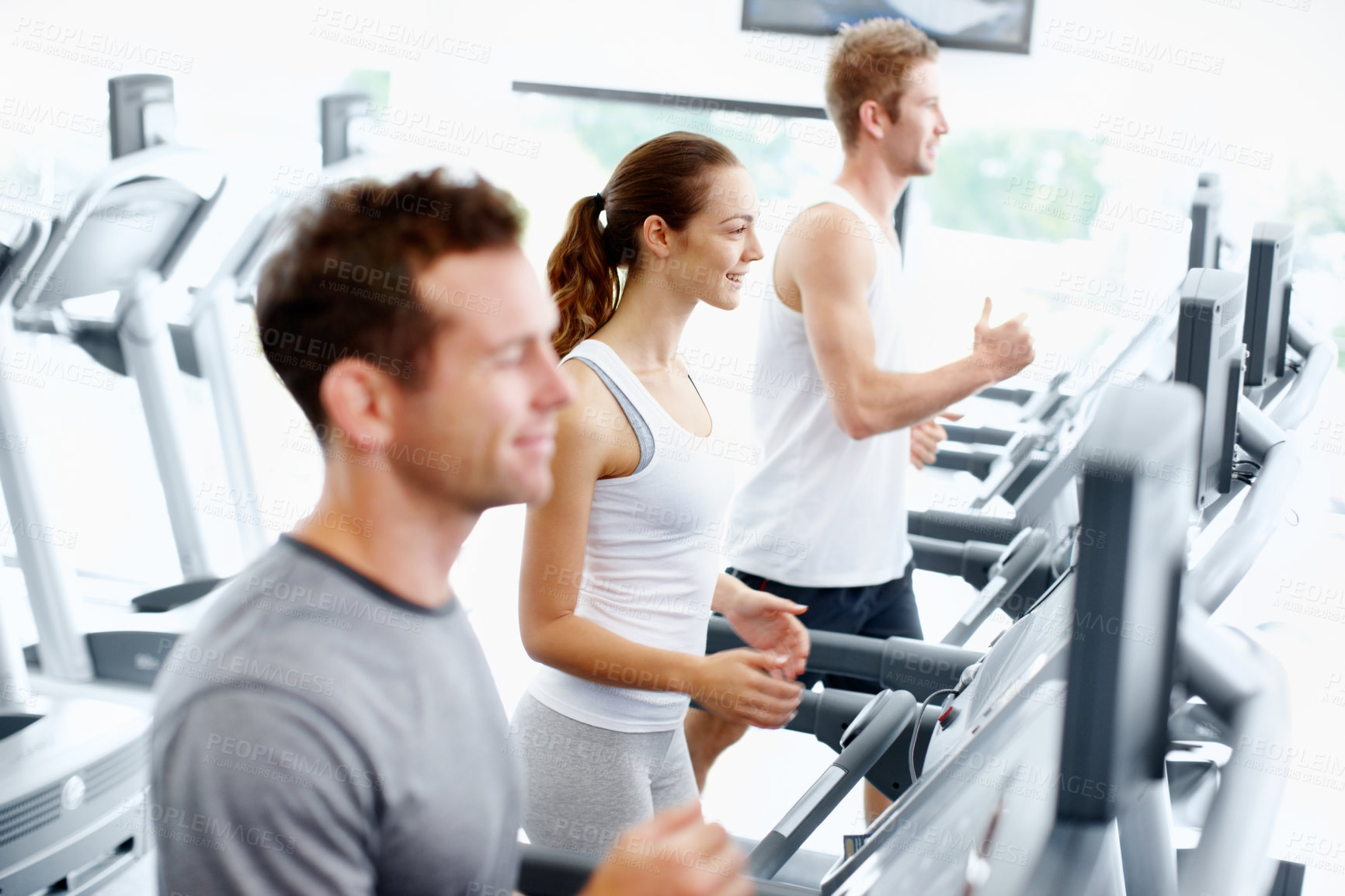 Buy stock photo Treadmill, running or woman in fitness class with exercise, cardio workout or calorie burn in speed training. Active, athletes or people with machine, group session or aerobic sprint for weight loss.