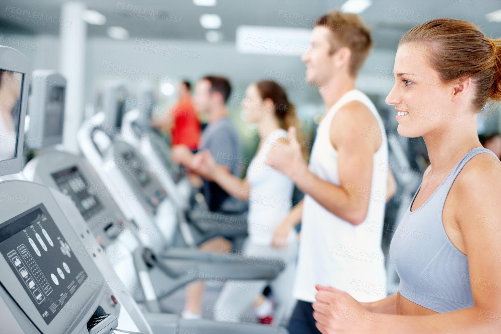 Buy stock photo Treadmill, running or woman in fitness class with workout, cardio exercise or calorie burn in speed training. Active, athlete or person with machine, group session or aerobic sprint for weight loss.