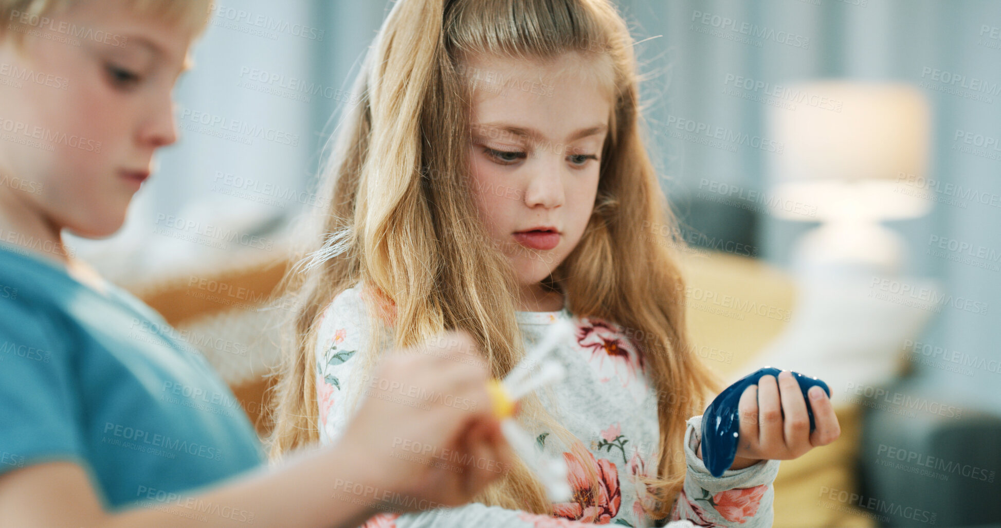 Buy stock photo Girl, science and play with slime toy for project, discovery or assignment for students in home. Learning, sensory experience and children with tactile, touch or activity for school homework in house