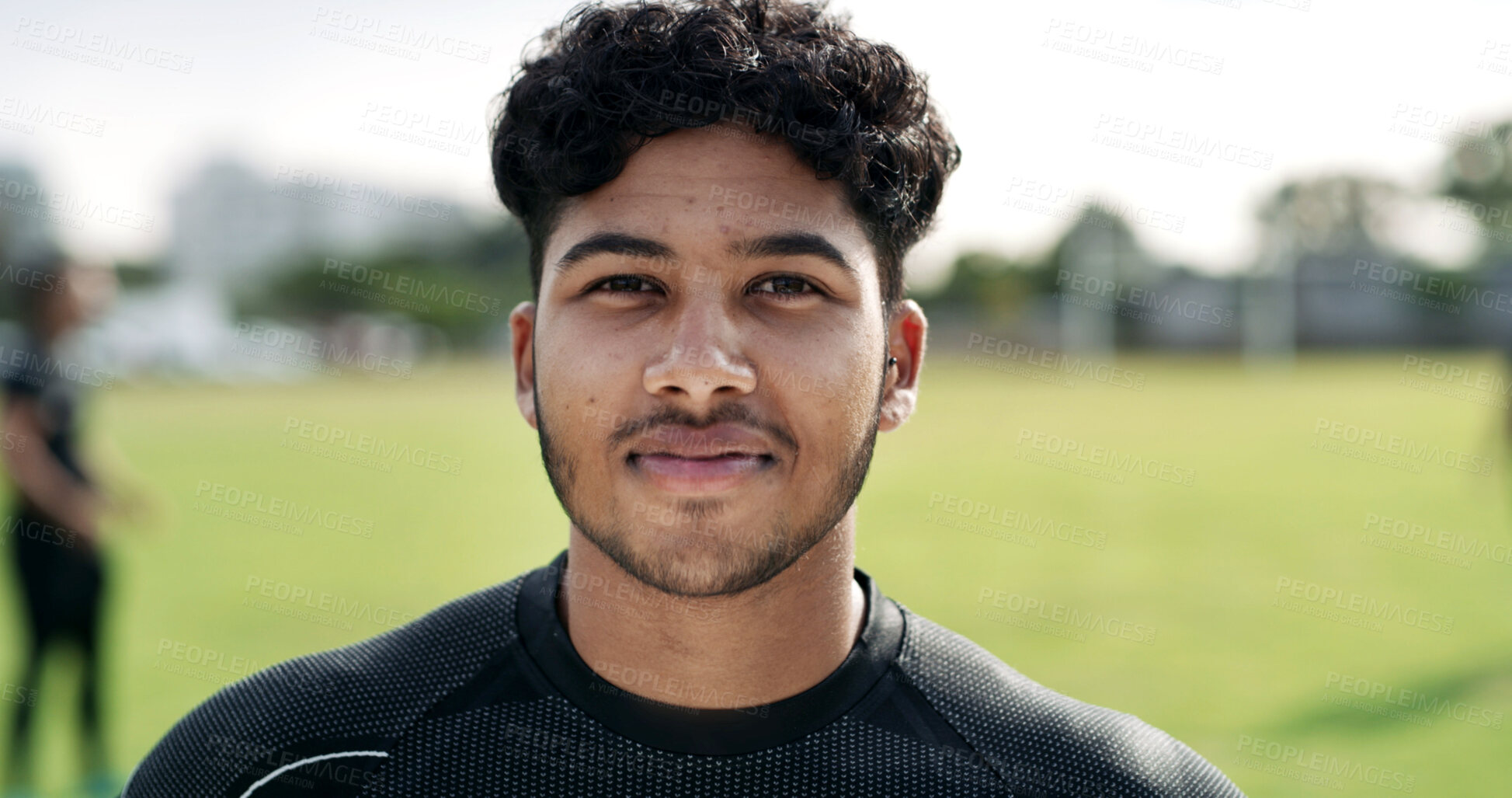Buy stock photo Sports, rugby and man at pitch with confidence for game training, health and competition practice. Portrait, proud player and person at field, professional athlete and exercise outdoor for match