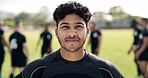 Sports, rugby and man at field for game training, health and confidence at competition practice. Portrait, proud player and person at pitch, professional athlete and exercise outdoor for match