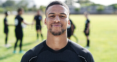 Buy stock photo Sports, rugby and man at field with confidence for game training, health and competition practice. Portrait, proud player and person at pitch, professional athlete and exercise outdoor for team match