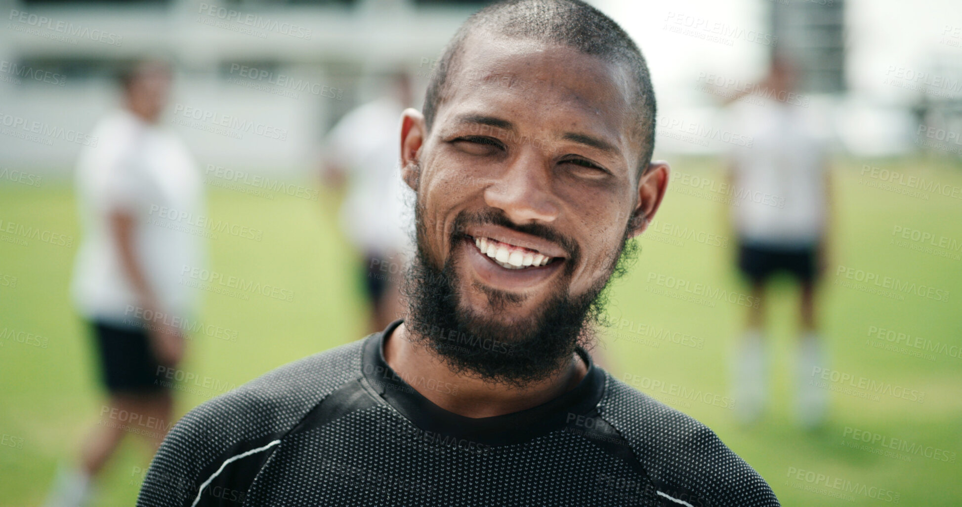 Buy stock photo Smile, rugby and man at field for game training, sports and confidence at competition practice. Portrait, proud player and happy person at pitch, professional athlete and exercise outdoor for match