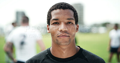 Buy stock photo Face, rugby and training with serious man outdoor at tournament venue for game or match. Fitness, practice and workout with confident player on sports field for competition, exercise or wellness