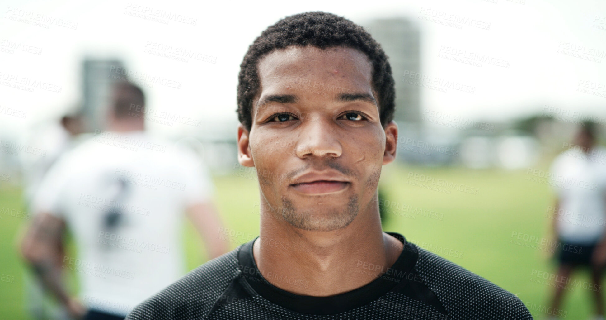 Buy stock photo Face, rugby and training with serious man outdoor at tournament venue for game or match. Fitness, practice and workout with confident player on sports field for competition, exercise or wellness