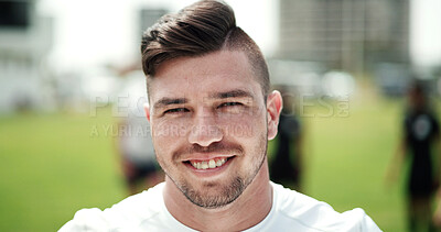 Buy stock photo Portrait, rugby and man at pitch for game training, sports and confidence at practice for wellness. Health, proud player and happy person on field, professional athlete and exercise outdoor for match