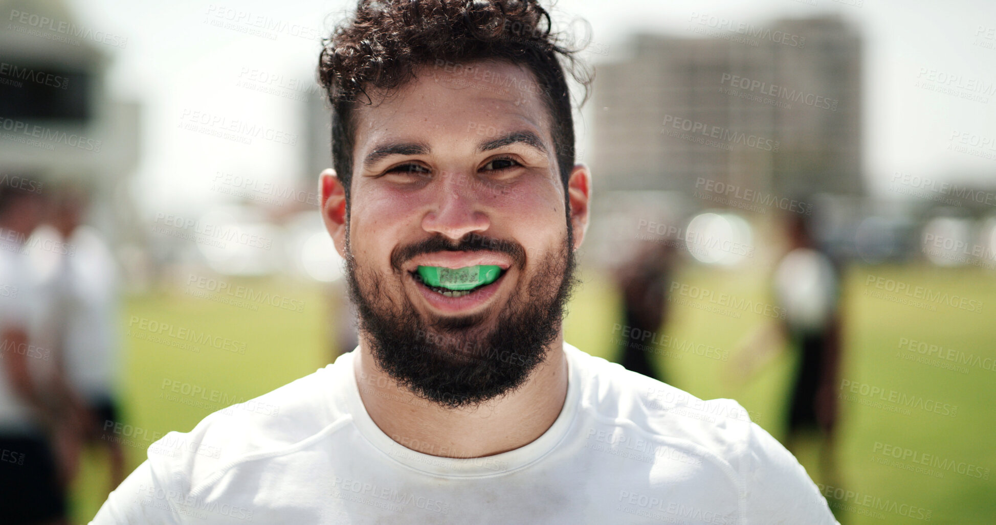 Buy stock photo Portrait, rugby and man with mouthguard for sports, game training and gum safety at field. Happy, player and person outdoor with teeth protection, professional athlete and exercise for fitness