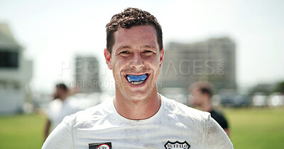 Buy stock photo Portrait, rugby and man with mouthguard outdoor for sports, game training and gum safety. Happy, player and person at field with teeth protection, professional athlete and exercise for fitness