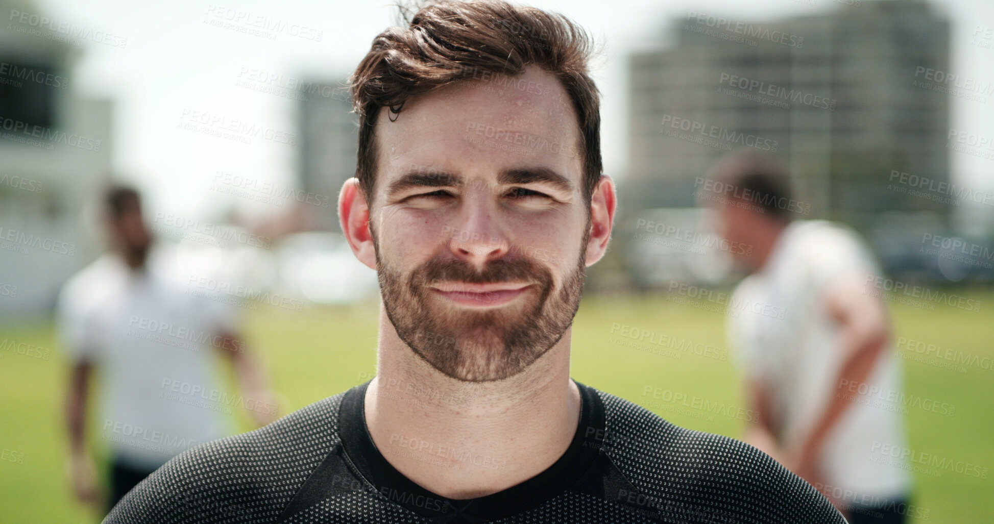 Buy stock photo Portrait, rugby and man outdoor for sports, game training and confidence with sweat on break. Happy, tired player and person at field for resting, professional athlete and exercise for fitness
