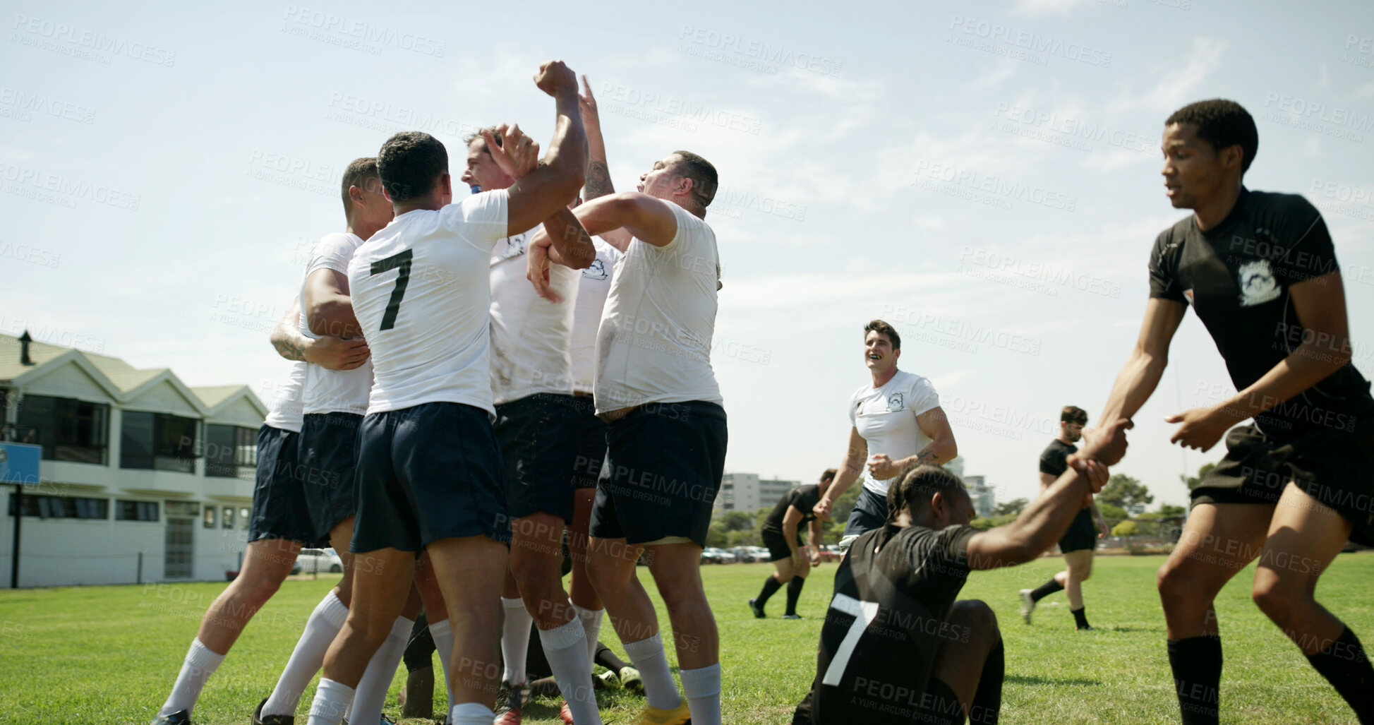 Buy stock photo Celebration, fist pump and score with team of rugby players outdoor for match victory. Achievement, points and success with excited people cheering or shouting for competition and tournament